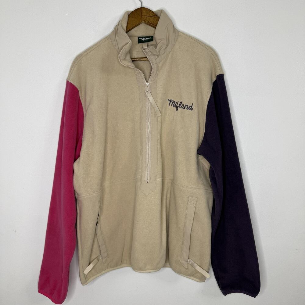 Mifland Jacket Womens Large Beige Fleece 1/2 Zip Colorblock Sleeves Pockets